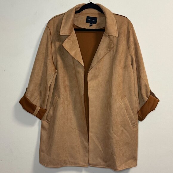 Love Tree Tan Faux Suede Open Front Jacket Pockets Rolled Sleeves Women's Large - Picture 1 of 9